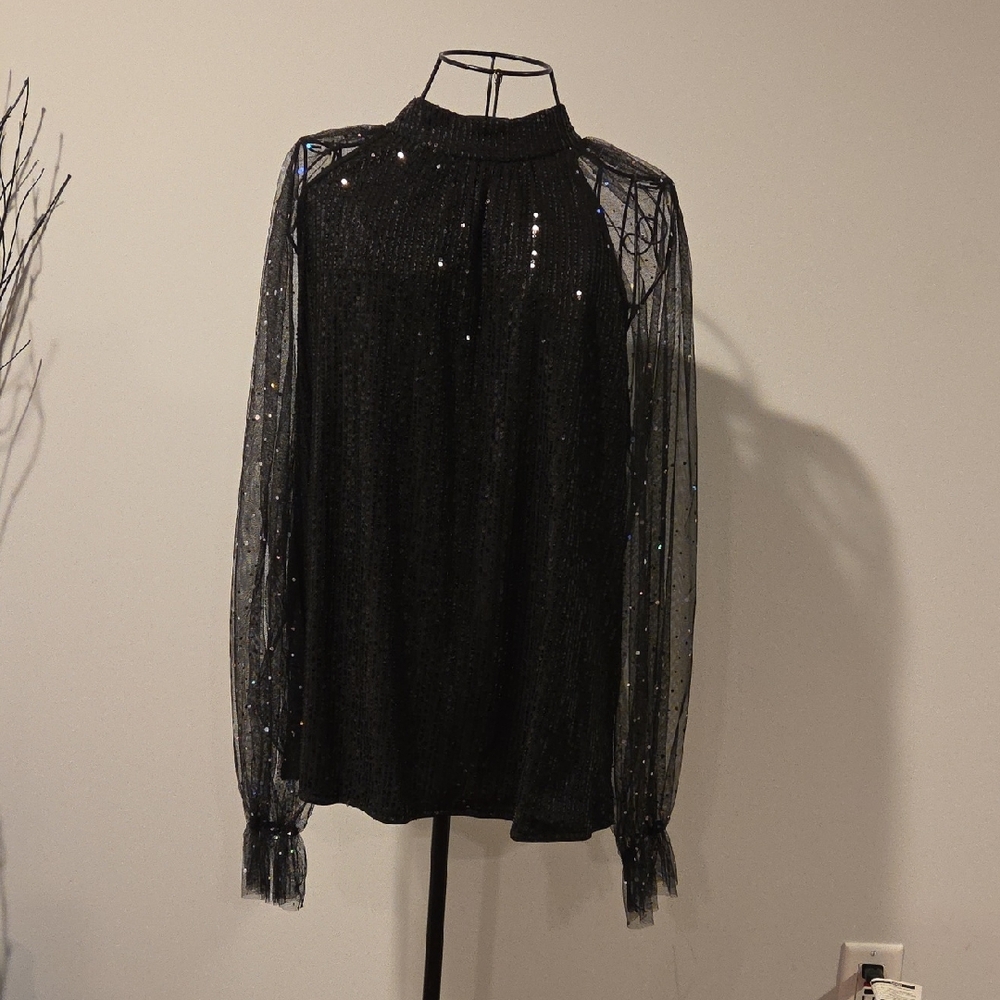 SHEIN Black Sparkle Sheer Sleeve Blouse